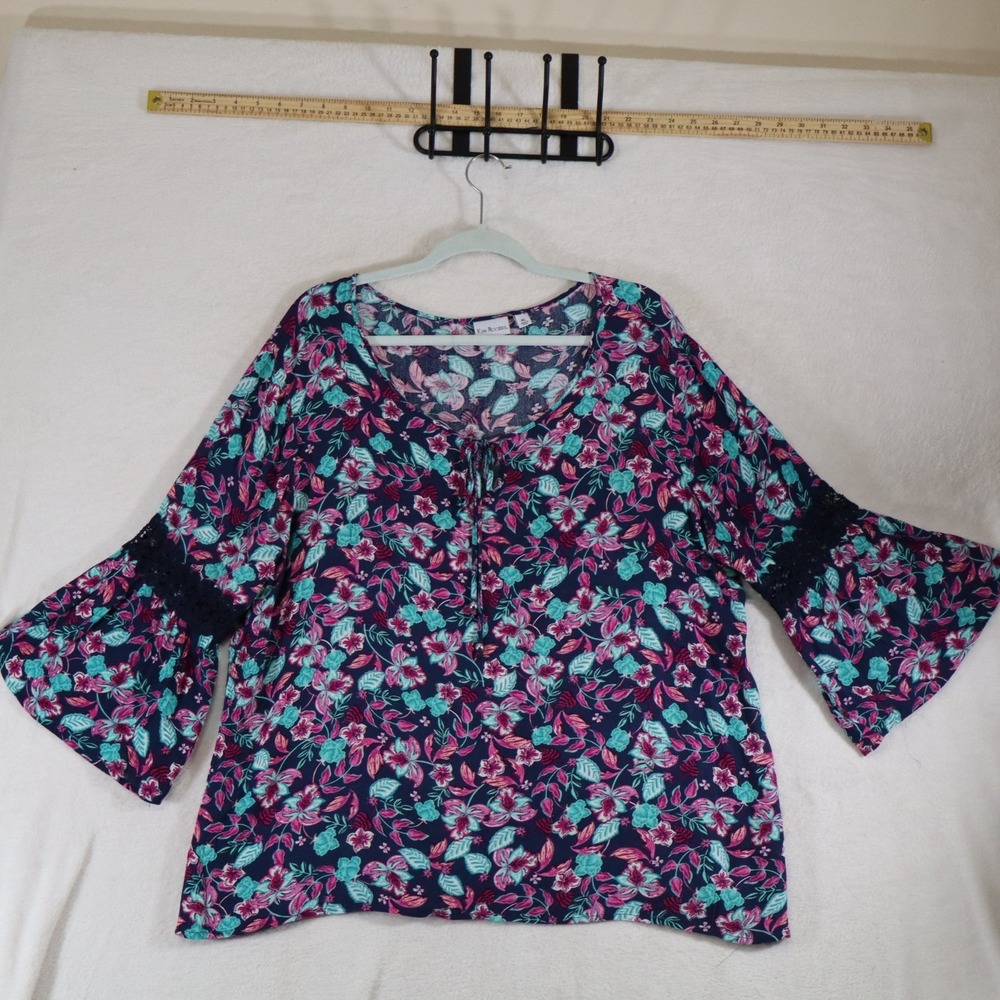 Kim Rogers Women's XL Floral Bell‑Sleeve Blouse – Tie Neck Lace Trim Top Casual